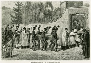 دفن قاصر. نقش بواسطة Lix ، لتوضيح القصة A عبر الألزاس ولورين ، في عام 1887 ، بواسطة تشارلز جراد ، النائب الألماني ، في جولة العالم 1888 ، من إخراج إدوارد شارتون (1807-1890) ، هاشيت ، باريس. بواسطة فريدريك ثيودور ليكس