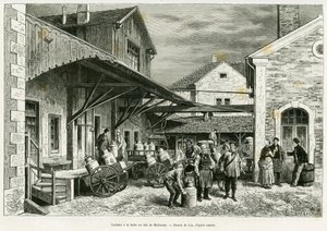 الألبان في ميلك هول في ميلوز. نقش بواسطة Lix لتوضيح القصة A travers l'Alsace et la Lorraine ، بواسطة تشارلز جراد ، المستودع الألماني ، في عام 1885 ، في جولة العالم 1887 ، تحت إشراف إدوارد شارتون (1807-1890) ، هاشيت ، باريس. بواسطة فريدريك ثيودور ليكس