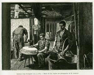 Inside a cheese factory. Engraving by Lix, to illustrate the story A Through Alsace and Lorraine, by Charles Grad, German deputer, in 1885, in the tour du monde 1887, under the direction of Edouard Charton (1807-1890), Hachette, Paris.