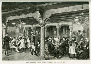 داخل حانة Tiefenkeller في ستراسبورغ. نقش بواسطة Lix ، لتوضيح القصة A عبر الألزاس ولورين ، في عام 1887 ، بواسطة تشارلز جراد ، النائب الألماني ، في جولة العالم 1888 ، من إخراج إدوارد شارتون (1807-1890) ، هاشيت ، باريس. بواسطة فريدريك ثيودور ليكس