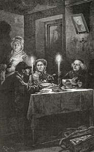 جان Valjean يتم استقباله ورعايته من قبل الأسقف Myriel ، القرن التاسع عشر (النقش من وزن الجسم)