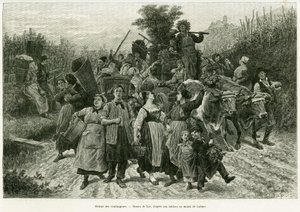 عودة المحصول. نقش بواسطة Lix ، لتوضيح القصة A عبر الألزاس ولورين ، في عام 1887 ، بواسطة تشارلز جراد ، النائب الألماني ، في جولة العالم 1888 ، من إخراج إدوارد شارتون (1807-1890) ، هاشيت ، باريس. بواسطة فريدريك ثيودور ليكس