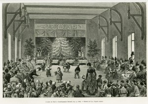 شجرة عيد الميلاد في مؤسسة Dietsch. نقش بواسطة Lix ، لتوضيح القصة A عبر الألزاس ولورين ، في عام 1887 ، بواسطة تشارلز جراد ، نائب ألماني ، في جولة العالم 1888 ، من إخراج إدوارد شارتون (1807-1890) ، هاشيت ، باريس. بواسطة فريدريك ثيودور ليكس