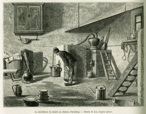 تقطير kirsch في قلعة Isenburg. نقش بواسطة Lix ، لتوضيح القصة A عبر الألزاس ولورين ، في عام 1887 ، بواسطة تشارلز جراد ، النائب الألماني ، في جولة العالم 1888 ، من إخراج إدوارد شارتون (1807-1890) ، هاشيت ، باريس.