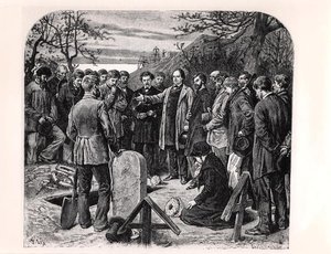 فيكتور هوغو (1802-1885) في غيرنسي يقدم خطبة جنازة رفيق في المنفى ، حوالي 1880 (نقش) (صورة بالأبيض والأسود) بواسطة فريدريك ثيودور ليكس