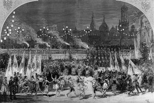 التمثيل المسرحي: "ميشيل ستروجوف" لجول فيرن (1828-1905) وأدولف دي إنري (دينيري) (1811-1899). اللوحة الثالثة: تضيء موسكو وتراجع الشعلة برقصات الغجر. ديكور كاربزار ولافستر. باريس ، مسرح دو شاتليه بواسطة فريدريك دي هاينين