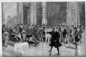 التمثيل المسرحي: "الملك يستمتع" بفيكتور هوغو (1808-1883). الفصل الأول المشهد الخامس: غرفة في متحف اللوفر ، اللعنة. M. de Saint Vallier (Saint-Vallier) قبل الملك فرانسوا الأول (Mounet Sully (أو Mounet Sully) 1841-1916) و jester Triboulet (Edmond بواسطة فريدريك دي هاينين