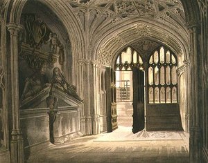 Islip Chapel ، اللوحة U من "Westminster Abbey" ، نقشها J. Bluck (fl.1791-1831) pub. بواسطة رودولف أكرمان (1764-1834) 1812 (أكواتينت) بواسطة فريدريك (بعد) ماكنزي