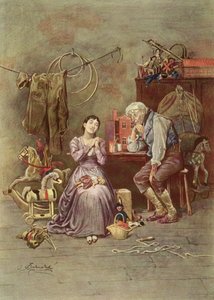كاليب بلامر وابنته العمياء ، مشهد من فيلم The Cricket on the Hearth (1845) بقلم تشارلز ديكنز (1812-1870) بواسطة فريدريك بارنارد