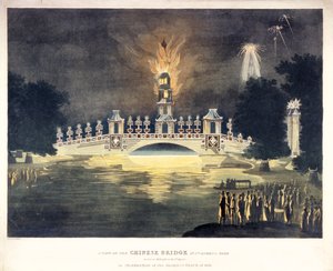 "... الجسر الصيني في حديقة سانت جيمس ... ، احتفالًا بالسلام المجيد لعام 1814". بواسطة فريدريك كالفيرت