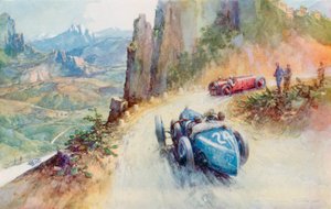 ماتيراسي سوبرتشارج بسعة 2 ليتر بوجاتي تتفوق على مازيراتي على مسار متعرج لعام 1927 Targa Florio (لون ليثو) بواسطة فريدريك جوردون (بعد) كروسبي
