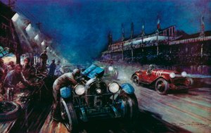 إحدى سيارات Lorraine-Dietrich الناجحة التي تمت إعادة تعبئتها في الحفرة أثناء الجري الليلي في سباق Le Mans لمدة 24 ساعة (لون ليثو) بواسطة فريدريك جوردون (بعد) كروسبي