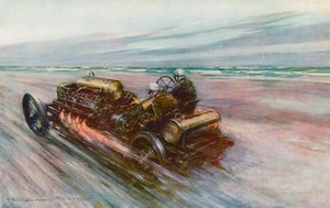 "200" Darracq الشهيرة التي حقق بها السير ألجرنون غينيس ، بارت ، 120 ميلاً في الساعة في عام 1908 (لون ليثو) بواسطة فريدريك جوردون (بعد) كروسبي