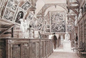 الجزء الداخلي من مدرسة Old Perse ، مع عرض مجموعة مختارة من Bequest للورد Fitzwilliam (قلم رصاص وفرشاة وغسل على الورق) بواسطة فريدريك ماكنزي