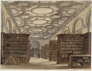 داخل المكتبة العامة ، كامبريدج ، من "تاريخ كامبريدج" ، نقشها دانيال هافيل (1785-1826) ، حانة. بواسطة R. Ackermann ، 1815 (ألوان مائية) بواسطة فريدريك ماكنزي
