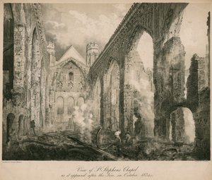 منظر كنيسة سانت ستيفن كما ظهرت بعد الحريق في أكتوبر 1834 بواسطة فريدريك ماكنزي