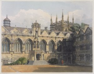 الواجهة الخارجية لكلية أورييل ، توضيح من "تاريخ أكسفورد" ، نقشته حانة FC Lewis (1779-1856). بواسطة R. Ackermann، 1813 (aquatint)