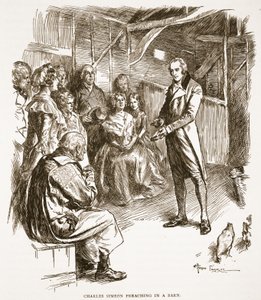 تشارلز سيميون يعظ في حظيرة ، توضيح من "كنيسة إنجلترا: تاريخ للشعب" بقلم HDM Spence-Jones ، حانة. ج .1910 (صورة بني داكن)