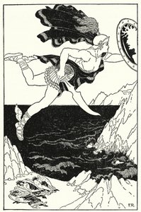 طار Perseus بحذر إلى الأسفل ، مع إبقاء عينيه على وجه Medusa ، كما ينعكس في درعه (litho)