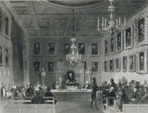 منظر داخلي لبيت سومرست ، يعرض اجتماعًا لجمعية الآثار الملكية ، c.1840 بواسطة فريدريك ويليام فيرهولت