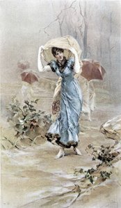 امرأة تحمي نفسها من المطر - قصة رمزية لأوائل الخريف ، التقويم الذي رسمه هوبرت دايس ، رسمه إف إتش كايمرير