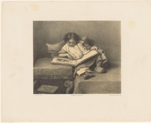 طفل مع كتاب مصور بواسطة ايستمان جونسون