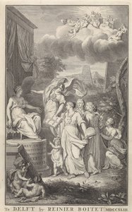 مينيرفا والفنون لشخصية متوجة بصفحة عنوان: Het Groot Natuur- en Zedekundigh Wereldtoneel، Delft، R. Boitet، 1743