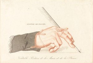 نسخة من "Magnée System - True Position of the Hand and the Pen" من François Magnée "الخطاط المثالي ، أو طريقة لتعليم نفسك الكتابة في دروس قليلة" بواسطة القرن التاسع عشر الفرنسي