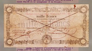 الورقة النقدية 1000 فرنك من 8 فلوريال ، X (28 أبريل 1802) (حبر على ورق) بواسطة المدرسة الفرنسية