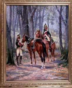 راكبان من التنين الثامن ، ذهبوا ككشافة ، رسموا 65 × 58 سم ، زيت على قماش بواسطة دي فيلنوف ، الرسام العسكري أواخر القرن التاسع عشر. بواسطة المدرسة الفرنسية