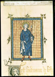AE II 327 الملك سانت لويس يحمل الصولجان ويد العدالة ، من سجل أوامر L&39;Hotel du Roi ، c.1320 بواسطة المدرسة الفرنسية