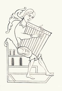 موسيقي من القرن التاسع يعزف على آلة موسيقية تعرف باسم psalterium ، من "Les Arts au Moyen Age" ، تم نشره عام 1873 (ليثو) بواسطة المدرسة الفرنسية