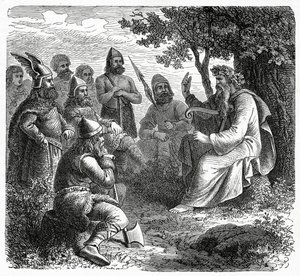 A Bard تلاوة إلى نورثمن ، c.1882 (نقش الخشب) بواسطة المدرسة الفرنسية