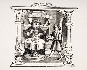 برغس يأكل وجبته ، بعد رسم توضيحي في مخطوطة من القرن السادس عشر ، من Le Moyen Age et La Renaissance بقلم Paul Lacroix (1806-1884) نشر عام 1847 بواسطة المدرسة الفرنسية