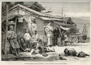 A Chinese fishing village near Monterey, California, testified to the important Chinese community established on the Pacific coast of the United States. Engraving after D.Maillard