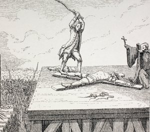 مجرم محكوم عليه بالإعدام وهو مكسور على صليب القديس أندرو في غرابة القرن الثامن عشر ، 1875 بواسطة المدرسة الفرنسية