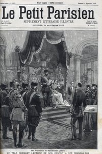 مقترح لنزع السلاح العام (مقدم إلى القوى الأوروبية) - القيصر نيكولاس الثاني (1868-1918) يقرأ كتابه على مستشاريه. لو بيتي باريزيان بواسطة المدرسة الفرنسية