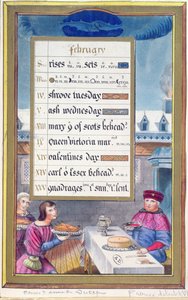 ورقة تقويم فيكتورية لشهر فبراير مع توضيح من كتاب ساعات آن دي بريتان (1488-1514) بواسطة المدرسة الفرنسية