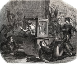 تمنع فرقة من المهرجين ماري تيريز (ماري تيريز) لو فاسور (ليفاسور) (1721-1801) ، زي الكرنفال ، من التقدم على كرسيها المتحرك. إنها ضحية انتقام أحد هؤلاء العاشقين السابقين. نقش من عام 1871 في "Histoire Des Cocus C بواسطة المدرسة الفرنسية