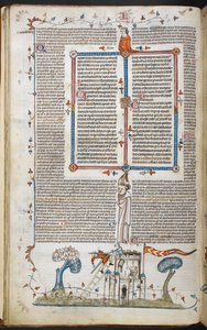 مشهد من الصفحة الأساسية لرجل يحاول غزو قلعة ، ويقتل على يد أحد المدافعين ، من Smithfield Decretals ، Royal 10 E. IV ، f.18v بواسطة المدرسة الفرنسية