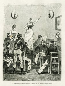 A cafe singing in Bourg Leopold. Engraving by A.Hubert to illustrate the story La Belgique, by Camille Lemonnier, in le tour du monde 1886, directed by Edouard Charton (1807-1890), Hachette, Paris. بواسطة المدرسة الفرنسية