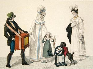 كلب يلعب بعجلة دوارة مصحوبة بصندوق موسيقى ، لوحة 85 من 'le Bon Genre' ، حوالي 1810 (نقش ملون) بواسطة المدرسة الفرنسية