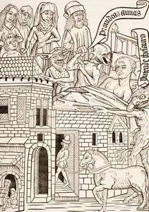خاطئ محتضر تحيط به عائلته ويهمس شيطان في أذنه ، صفحة من نص القرن الخامس عشر Ars Moriendi أو The Art of Dying ، من Les Artes au Moyen Age ، تم نشره عام 1873 بواسطة المدرسة الفرنسية