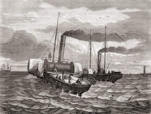 محاولة أولى في عام 1850 من قبل شركة جون واتكينز بريت الأنجلو-فرنسية للتلغراف التابعة لجون واتكينز بريت لمد أول خط تحت القناة الإنجليزية، من دوفر إلى كاليه، باستخدام القاطرتين المحولتين جولييت وويدجون، من كتاب "ليه ميرفيلز دي لا ساينس"، المنشور في عام 1870  بواسطة المدرسة الفرنسية