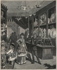 متجر ذهب في فرنسا في القرن التاسع عشر. نقش من عام 1885 في "" Les Arts et metiers Illustres "" لأدولف بيتارد. بواسطة المدرسة الفرنسية