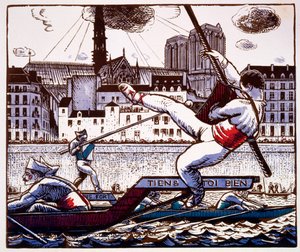مسابقة مبارزة في مهرجان نهر على نهر السين ، باريس ، c.1890-1920 (طبعة خشبية ملونة) بواسطة المدرسة الفرنسية