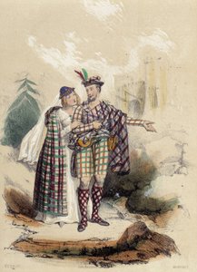 رجل يحمل نقبة ورفيقه أمام قلعة ؛ رسم توضيحي لاسكتلندا ، في "The Twelve Nations" بقلم ME Fouinet بواسطة المدرسة الفرنسية