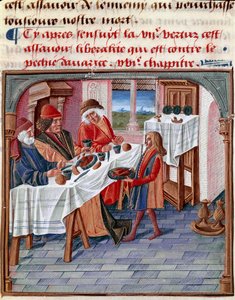 A man shares his table with a poor in need Miniature taken from “Le livre de bonnes moreurs de Jacques Legrand” 1490 Chantilly, Musee Conde بواسطة المدرسة الفرنسية
