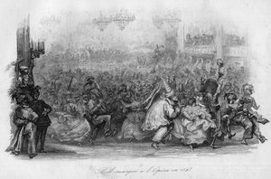 كرة مقنعة في أوبرا باريس عام 1843. (أغنية "Le carnival" لمارك أنطوان مادلين ديساجيه) في "" - CHANS et CHANS POPULES DE LA FRANCE - 1843 - H.- L. DELLOYE ، الناشر ، LIBRARY DE غارنييه. بواسطة المدرسة الفرنسية