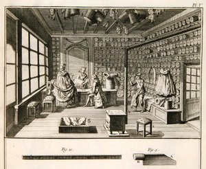 تم نشر ورشة عمل لصناعة الحصائر ، من "Encyclopedie des Sciences et Metiers" بقلم دينيس ديدرو (1713-1784) في عام 1770 (نقش) بواسطة المدرسة الفرنسية
